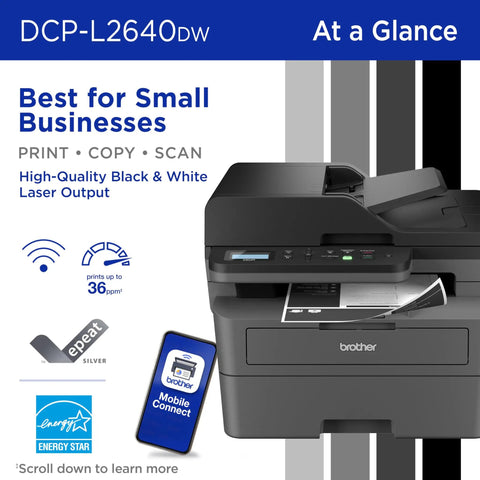 Compact Monochrome 3 In 1 Laser Printer With Copy Scan And Auto Duplex Wireless And Mobile Printing Alexa Compatible No Fuss Small Biz Workhorse for home office use.