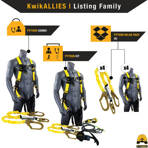 Two Pack External Shock Absorber Double Leg 6ft Safety Lanyard With OSHA ANSI Fall Protection Restraint Equipment Snap Rebar Hook for Construction Roofing Arborist displayed with harness on mannequins.