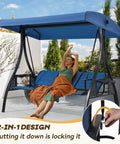 Woman relaxing on Three Seat Patio Swing With Textilene Backrest, Two Cup Holders And An Adjustable Canopy For Backyard, Porch Or Garden, Square Tube Frame In Blue, Breathable Waterproof Fabric For Cool Summer Relaxing Vibes