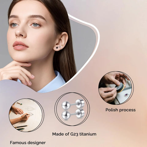 Heavy Duty Titanium Screw Back Flat Back Ball Stud Earrings For Women And Men With Hypoallergenic Nickel Free Build, showcased on model.
