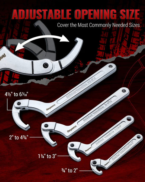 Adjustable Spanner Wrench Set With Changeable Heads All In One Eleven Piece Tool Kit For Hydraulic Ram Cylinders DIY Ready Machinery And Vehicles With Square Slot And Round Hole Adapters shown from front view with various wrench sizes.