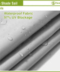 Close-up of fabric for 16 By 16 Foot Rectangular Waterproof Sun Shade Sail For Outdoor Patio And Backyard UV Blocking Canopy In Light Grey High Density Polyester With PU Coating 97 Percent UV Block Durable Shade For Lawn And Garden.