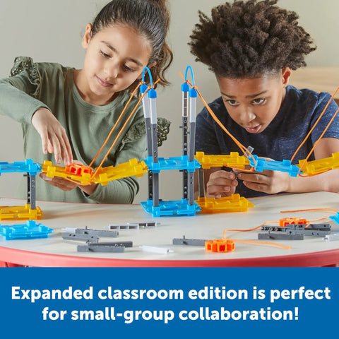 Children using STEM Explorers Bridge Builders Classroom Set For Kids 5 And Up 305 Piece Totally Hands On Engineering Kit to build a bridge