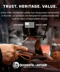 Craftsman handcrafting Occidental Leather product in USA, emphasizing quality and tradition since 1980
