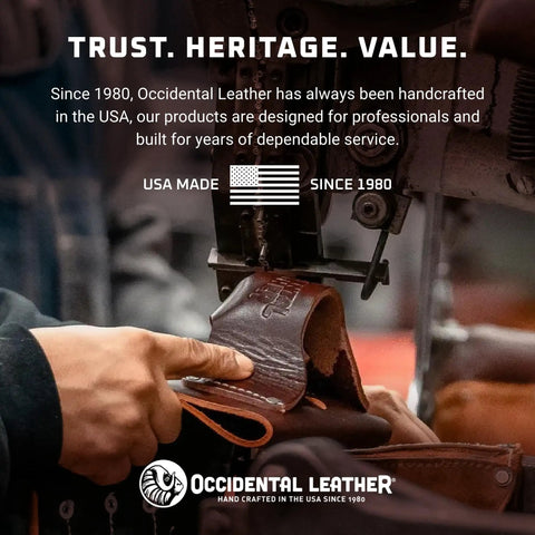 Craftsman handcrafting Occidental Leather product in USA, emphasizing quality and tradition since 1980