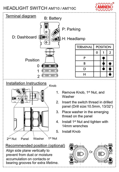 Universal Two Position Push Button Headlight Switch With OFF Parking Lamp And Headlight Modes Beefed-Up Heavy Duty 12V 24V Vehicle Switch 10A At 12V And 6.6A At 24V Fits Cars Trucks Buses Tractors AM 710C wiring diagram and installation guide
