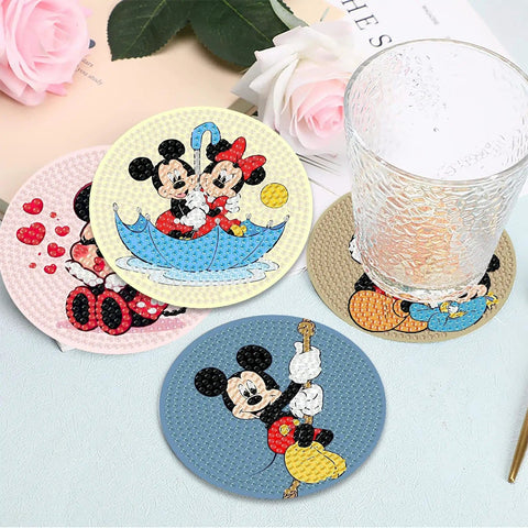 8 Piece Cartoon Diamond Painting Coaster Set With Holder, DIY Diamond Art Coasters For Adults And Beginners, round colorful designs.