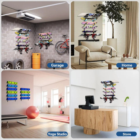 Heavy Duty Carbon Steel 4 Layer Skateboard Wall Mount Rack Snowboard Ski Display Holder in garage, home, yoga studio, and store setup.