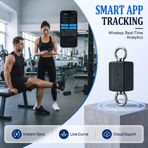 Professional Grade Isometric Strength Tester With Seamless Wireless Tracking And BeastMode Push Pull Dynamometer in gym use.