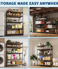 Heavy Duty 5 Tier Metal Shelving Rack Rock Solid Garage Storage Rig With Reinforced Steel Frame Built Tough For Heavy Tools Equipment And Shop Organization in kitchen setting, filled with jars and bins.