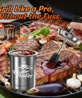All In One BBQ Basting Brush And Sauce Cup Set For Grilling, spill-proof brush applying sauce to steak on grill