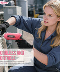 Woman using a Slick 4V Usb Rechargeable Electric Screwdriver And 41 Piece Tool Kit With Swivel Handle And Bright Led for repairs outdoors.