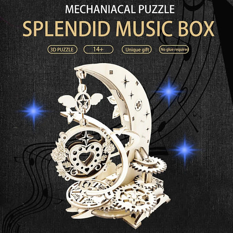 Front view of a 3D Puzzle Kit for Adults: Mechanical Music Box Model Build with intricate non-toxic plywood gears and design.