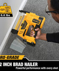 Slick Kickass Cordless Brad Nailer 18 Gauge Electric Nail Gun Compatible With Dewalt 20V Max shown in use with 2-inch nails on carpet.