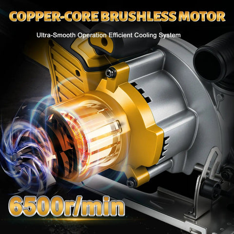Close-up of the 6 Inch Cordless Circular Saw Built For The Daily Grind With Brushless Motor Pure Copper Winding 6500 Rpm.