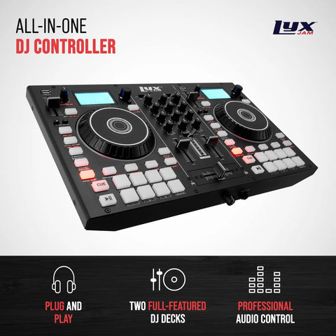 Party-Ready Portable 2-Deck DJ Controller With LCD Display USB Audio Mic Input Record Output 16 Performance Pads Manual Looping Plug-And-Play Setup Includes Virtual DJ LE Software Download showing top layout