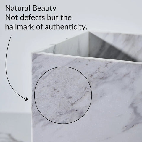 Lux Marble Wastebasket Real Stone Trash Can Rectangular Luxury Durable Bathroom Home Office Living Room Garbage Container With Sleek White Marble Look And Easy To Clean Finish showing close-up of marble texture and natural markings.