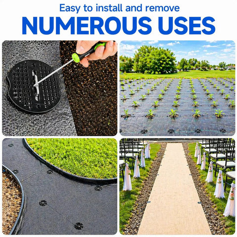 Heavy Duty Garden Stakes Kit With Washers for Windy Areas in use, securing landscape fabric and garden along paths and fields.