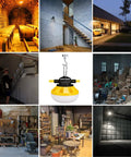 Collage showcasing diverse environments, central focus on 50ft LED Construction String Lights With 5 Heads 10W Per Lamp 5000lm Outdoor Work Light Portable Extendable String Light For Your Job Sites ETL Listed Weatherproof.