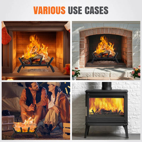 14 Inch Fireplace Log Grate With Ember Retainer Heavy Duty Steel Firewood Rack shown in various indoor and outdoor settings.