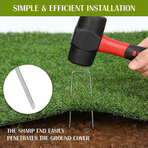 Using a mallet to install 75 Pack 4 Inch Galvanized Landscape Staples U Shaped Garden Stakes Heavy Duty Rust Proof Anticorrosive Ground Staples For Sod Landscaping Fabric Pins Gardening Lawn Turf Irrigation Pipe Hose Plant Cover into soil