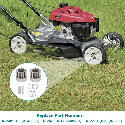 Left And Right Side Wheel Drive Pinion Replacement Gear Kit For 42 Inch Lawn Sweepers beside a lawn mower on grass.