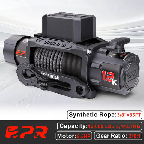 12000 Lbs Electric Winch With 3 8 Inch By 85 Feet Synthetic Rope And Dual Wireless Remotes For Rugged Trucks Jeeps And Modified Trailers Tough As Nails Off Road Recovery Gear That Handles Anything Without Drama on white background.