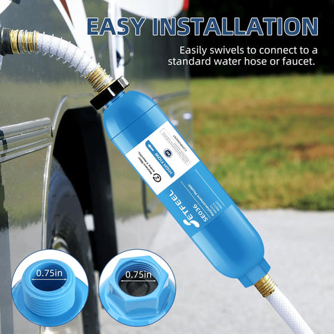 Rv Inline Water Filter For Campers And Trailers With Flex Hose Guards NSF Certified Lead Free connects to standard hose for easy installation.