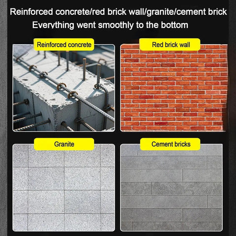 Heavy Duty Job Site Ready Automatic Wall Cut Off Saw With Plug And Play Remote Track For Dead Solid Concrete Brick Tile Grooving 150W Orbital Rotary Chaser showcasing reinforced concrete, red brick, granite, and cement brick surfaces.