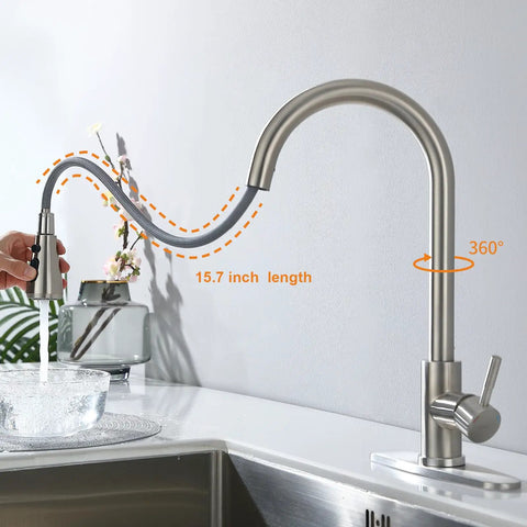 Slick Brush Nickel Single Handle Pull Down Kitchen Faucet With Knockout Three Mode Spray Settings And Complete Zero Hassle Setup For Fast Weekend Renovations, 15.7 inch length, 360° swivel spout.