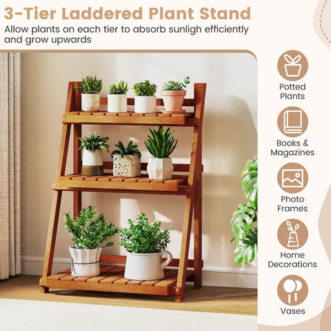 Foldable 3 Tier Ladder Plant Stand Made Of Solid Wood For Indoor Outdoor Use Space Saving Corner Shelf with potted plants