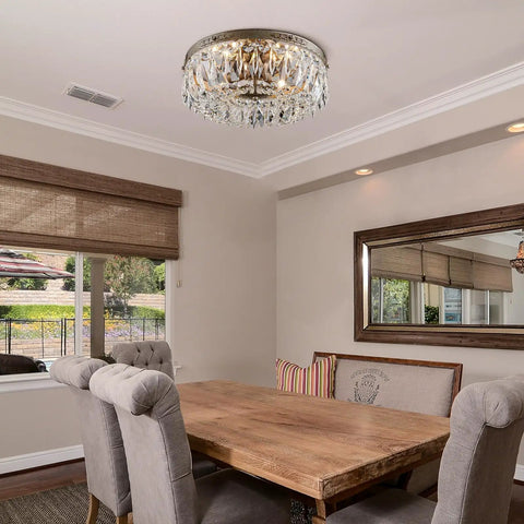 Antique Silver French Empire Crystal Semi Flush Mount Chandelier LED Ceiling Light Fixture over dining room table.