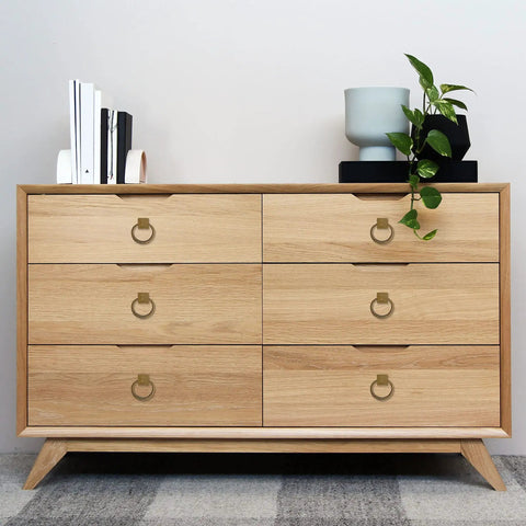 Top Notch Vintage Peg And Ring Cabinet Handles, Solid Brass Drawer Pulls, 2 Pack Kitchen And Bathroom Hardware With Mounting Screws on a wooden dresser.