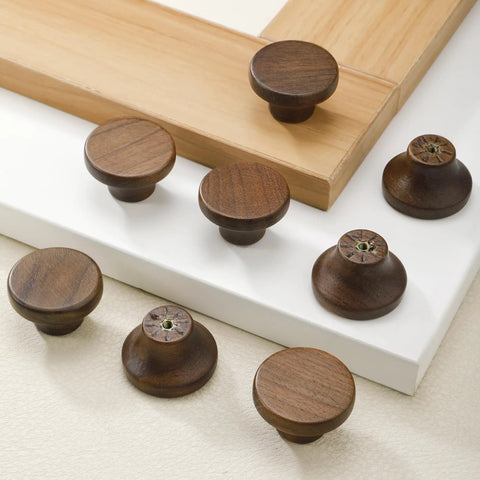Modern Warm Walnut Wood Cabinet Knobs And Single Hole Drawer Pulls For Dressers Bedroom Furniture Upgrade Fresh Vibe Solid Natural Finish.