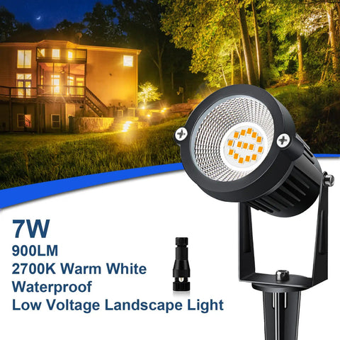 Brighten Your Outdoor Space With A 10 Pack Low Voltage LED Landscape Lights 7W 900LM Waterproof Garden Path Spike Stand Spotlight Set Warm White 2700K 12V Plug And Play Connectors showing spotlight and house