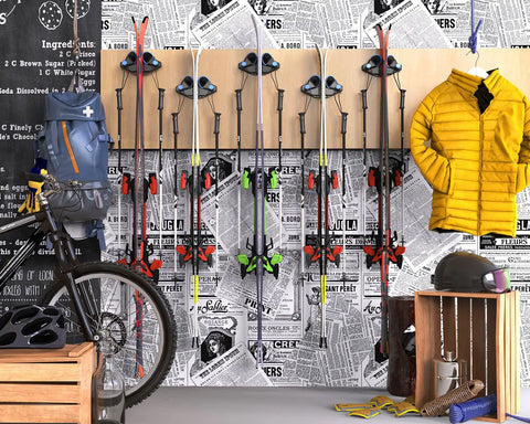 Sleek Ski Wall Mount And Snowboard Storage Rack For Garage Walls Featuring Scratch Guard Rubber Grips And Multi Pole Side Hooks For A Badass Winter Setup 1 Pack installed with skis, gear, and jacket.