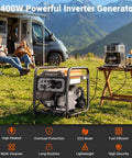 Beefy 4400 Watt Open Frame Inverter Generator For Home Backup in outdoor RV setting with nearby coffee maker.