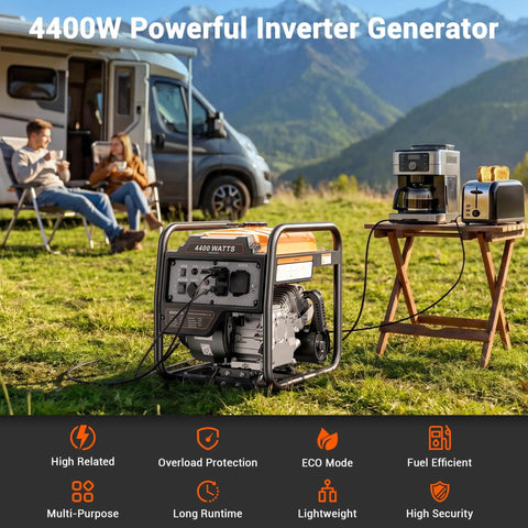 Beefy 4400 Watt Open Frame Inverter Generator For Home Backup in outdoor RV setting with nearby coffee maker.