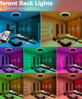 Smart LED Flush Mount Ceiling Light Fixture with RGB Backlit Ambient Lighting shown in various room colors
