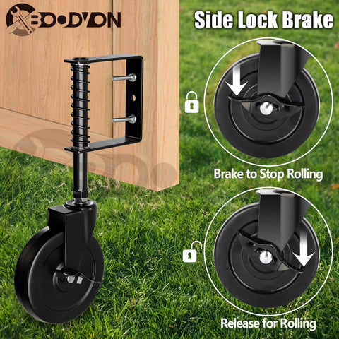 5 Inch Heavy Duty Gate Caster With Side Brake And Spring Loaded Shock Absorption 360 Degree Rotating Wheel in use on wooden gate