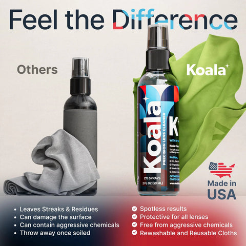 Koala eyeglass lens cleaner spray kit with 2 spray bottles and 2 microfiber cloths; Made in USA