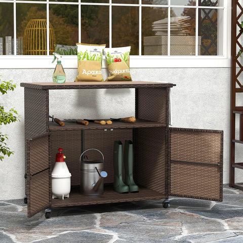 Sturdy Outdoor Storage Cabinet On Wheels With Solid Acacia Wood Frame And PE Rattan Finish, open doors showing gardening tools.
