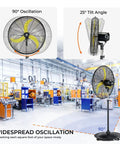 Outdoor 20 Inch Quiet Oscillating Pedestal Fan With Remote Control Waterproof Heavy Duty BLDC Motor Four Speed Perfect For Patio Garage Workshop Warehouse And Commercial Spaces Patio Ready in a workshop setting showing oscillation and tilt angles.