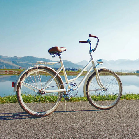 Scenic view of a cruiser bike near a lake, perfect for use with 26x1.50 To 1.75 Bike Inner Tube With Schrader Valve For 26 Inch Road Mountain City.
