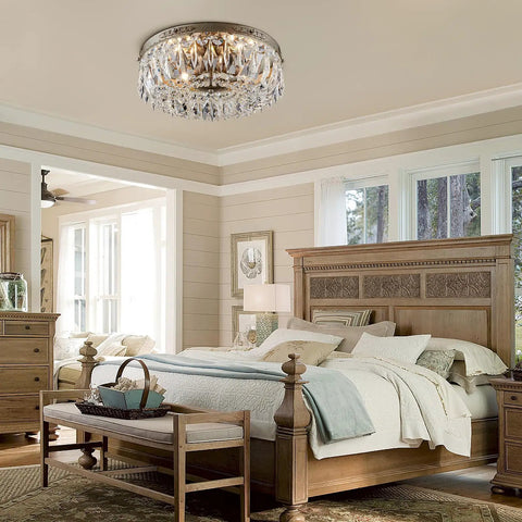 Bedroom with Antique Silver French Empire Crystal Semi Flush Mount Chandelier LED Ceiling Light Fixture, wooden furniture