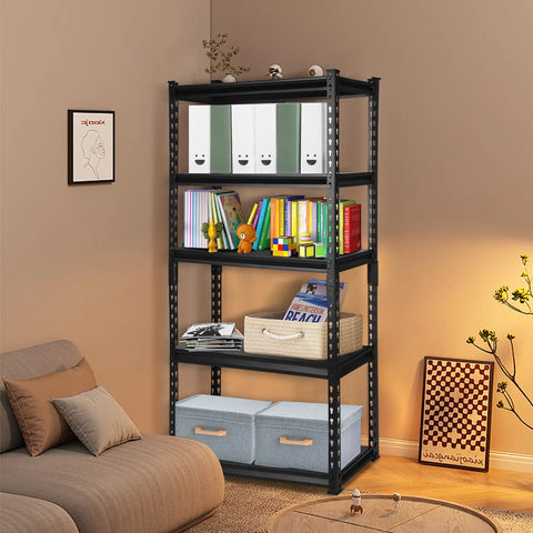 Heavy Duty Five Tier Metal Shelving Unit 1650 Pound Capacity Adjustable Layers For Garage Basement Kitchen Or Warehouse 27.5 By 12 By 59.8 Inches with books and decor.