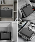 Rugged Hard Shell Fireproof File Organizer With Lock 13 Pocket Accordion Folder Portable Safe Storage For Important Documents And Laptop Black shown in various settings including shelf, car, safe, suitcase.