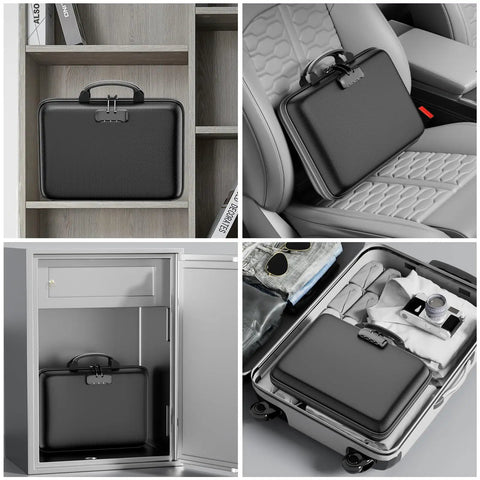 Rugged Hard Shell Fireproof File Organizer With Lock 13 Pocket Accordion Folder Portable Safe Storage For Important Documents And Laptop Black shown in various settings including shelf, car, safe, suitcase.