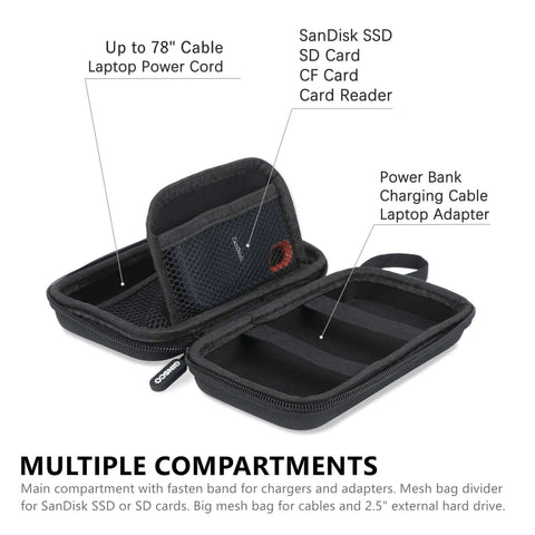 Hard Shell Tech Travel Case With All In One Cable Organizer And Mesh Pockets To Keep Your Adapters Power Banks External Drives And Memory Cards Locked Down And Ready For Any Daily Hustle Or Weekend Cruise Black displaying multiple compartments for organization.