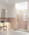 Frameless Shower Door Hinge With Enduroshield Glass Coating, Polished Brass Finish, 78 Inch By 49.25 Inch Glass Enclosure Hardware For Modern Bathrooms That Makes DIY Install A Breeze And Holds Up Daily Use. Gold hinge on frameless glass shower door